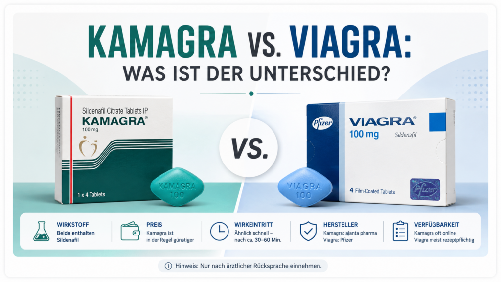 Vergleich von Kamagra und Viagra mit Informationen zu Wirkstoff, Preis, Wirkeintritt, Hersteller und Verfügbarkeit.