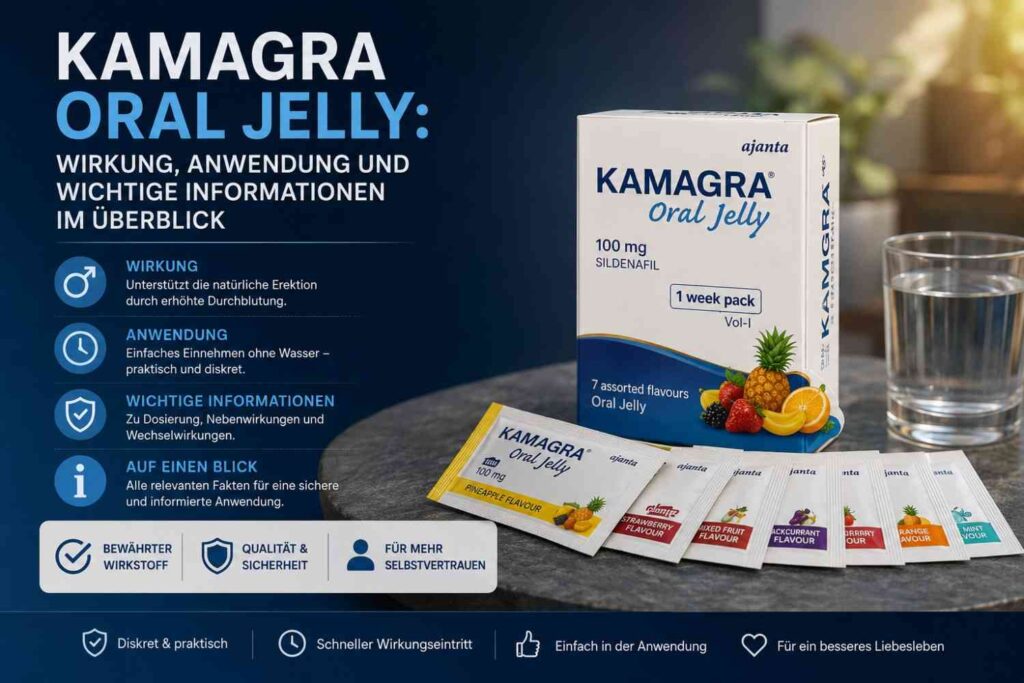 Kamagra Oral Jelly 100 mg mit Informationen zu Wirkung, Anwendung, Dosierung, Nebenwirkungen und wichtigen Sicherheitshinweisen.