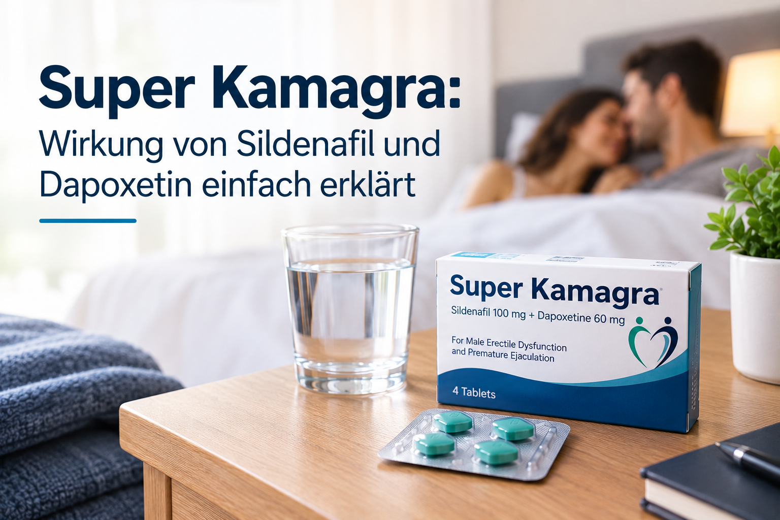 Super Kamagra Packung mit Blistertabletten und einem Glas Wasser auf einem Nachttisch vor einem unscharfen Schlafzimmer – Symbolbild zur Wirkung von Sildenafil und Dapoxetin.