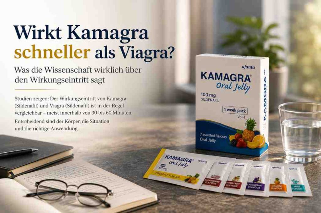 Kamagra Oral Jelly 100 mg Packung und Sachets auf einem Tisch, mit deutschem Text zum Wirkungseintritt im Vergleich zu Viagra.