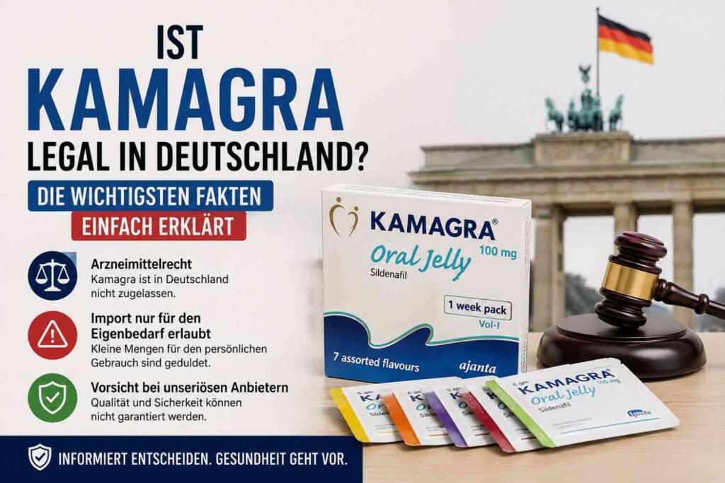 Infografik mit dem Titel „Ist Kamagra legal in Deutschland? Die wichtigsten Fakten einfach erklärt“. Zu sehen sind eine Kamagra Oral Jelly Verpackung, einzelne Sachets, ein Richterhammer und das Brandenburger Tor im Hintergrund. Symbole erläutern die rechtliche Situation, den Eigenimport sowie den Hinweis auf Vorsicht bei unseriösen Anbietern.