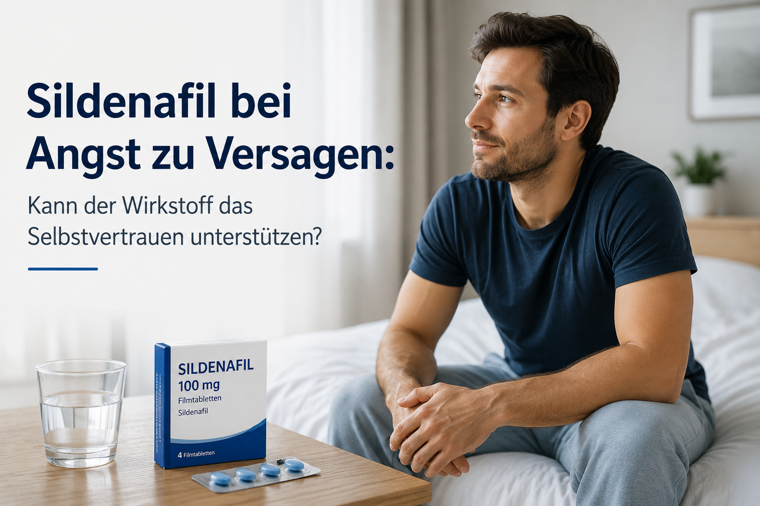 Mann sitzt nachdenklich auf einem Bett neben einer Sildenafil-100-mg-Packung und einem Glas Wasser – Symbolbild zum Thema Versagensangst und Selbstvertrauen.