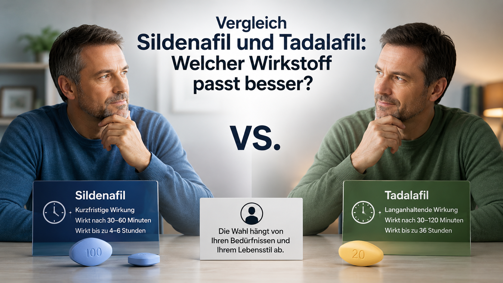 Sildenafil und Tadalafil im Vergleich: Wirkungseintritt, Wirkdauer und individuelle Auswahl.