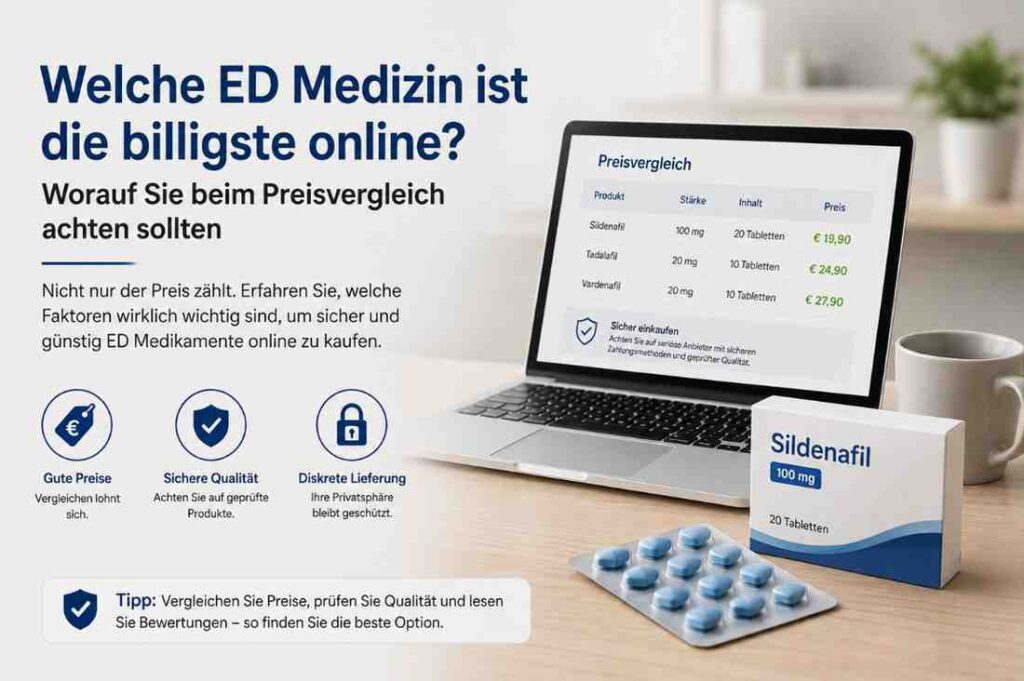Illustration zum Preisvergleich von ED-Medikamenten online mit Sildenafil-Packung, Laptop und Hinweisen für einen sicheren Medikamentenkauf.
