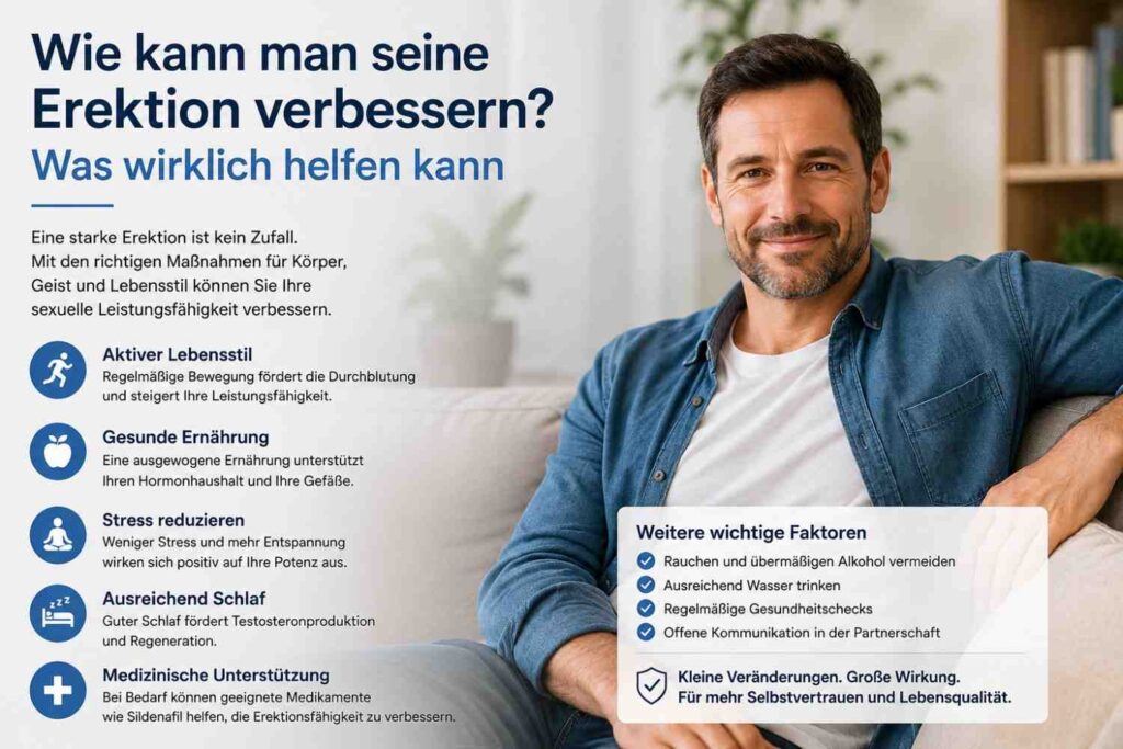 Mann mit Tipps zur Verbesserung der Erektion durch Bewegung, gesunde Ernährung, Stressabbau, ausreichend Schlaf und medizinische Unterstützung