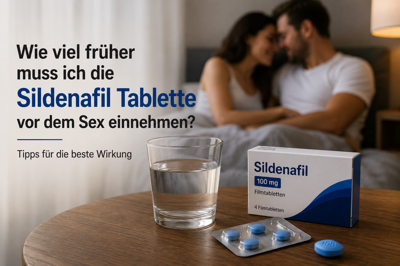 Schlafzimmer mit einem Paar im unscharfen Hintergrund, einem Glas Wasser und einer Sildenafil-100-mg-Packung auf dem Nachttisch – Symbolbild zum richtigen Einnahmezeitpunkt vor dem Sex.