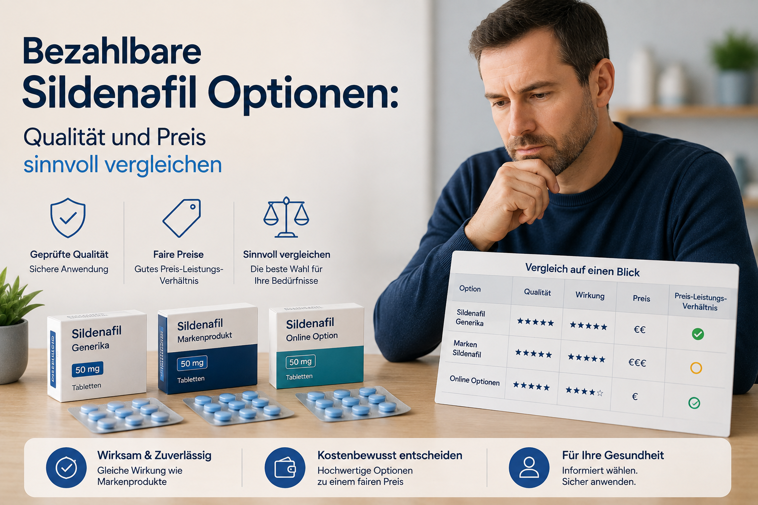 Bezahlbare Sildenafil-Optionen im Vergleich: Mann betrachtet verschiedene Sildenafil-Produkte mit Fokus auf Qualität, Preis, Wirkung und Preis-Leistungs-Verhältnis.