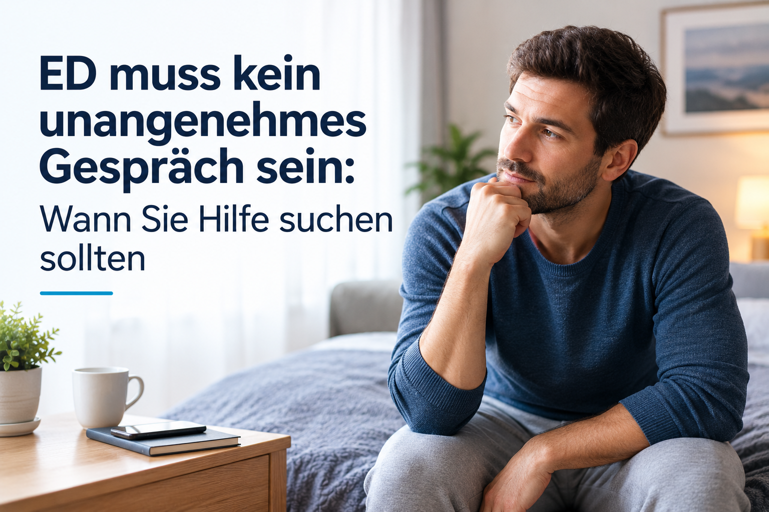 Nachdenklicher Mann sitzt in einem ruhigen Schlafzimmer auf dem Bett; auf dem Nachttisch liegen Smartphone und Tasse – Symbolbild dafür, rechtzeitig Hilfe bei erektiler Dysfunktion zu suchen.