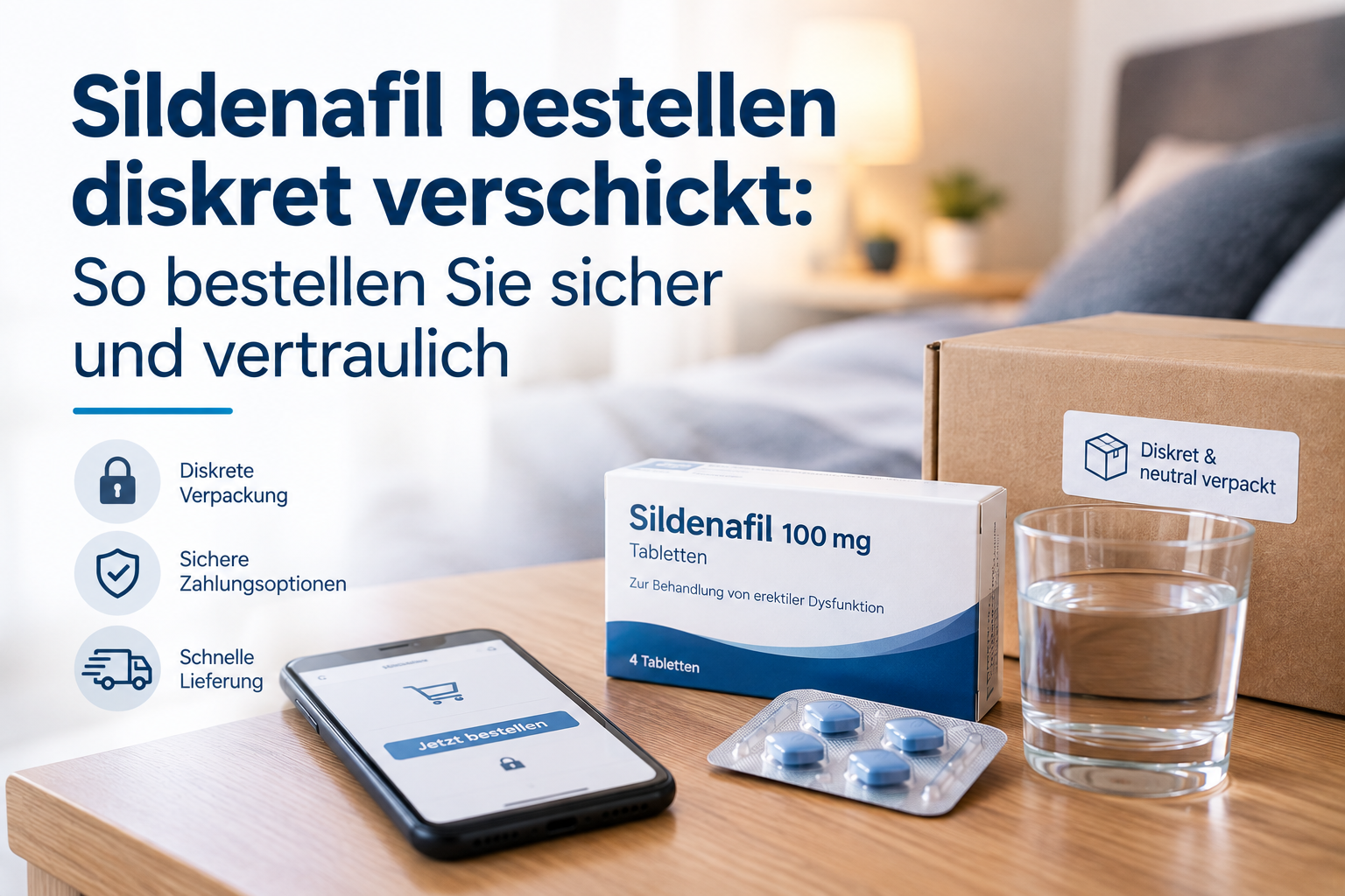 Diskret verpackte Sildenafil 100 mg Tabletten mit neutralem Versandkarton, Smartphone und Wasserglas auf einem Nachttisch – Symbolbild für eine sichere und vertrauliche Online-Bestellung.