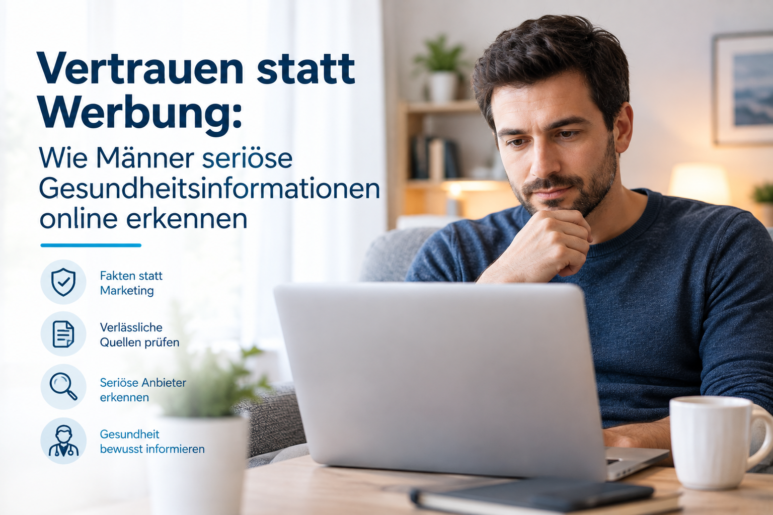 Nachdenklicher Mann sitzt an einem Laptop in einem ruhigen Homeoffice und prüft Gesundheitsinformationen online – Symbolbild für seriöse Quellen, Vertrauen und informierte Entscheidungen.