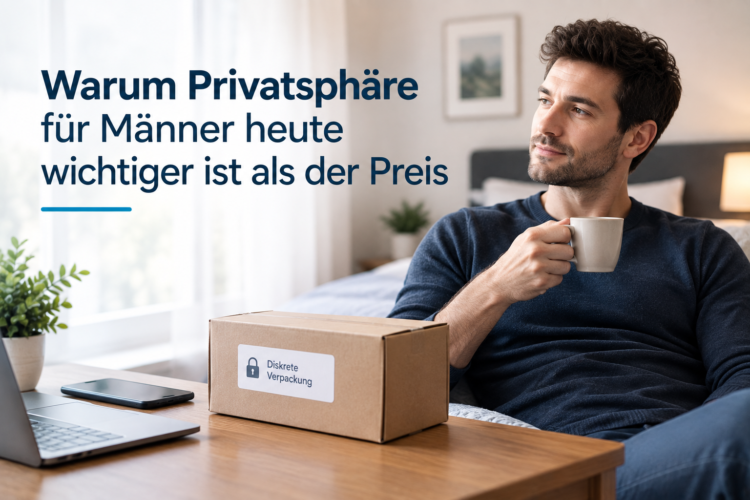 Nachdenklicher Mann sitzt an einem Laptop in einem ruhigen Homeoffice und prüft Gesundheitsinformationen online – Symbolbild für seriöse Quellen, Vertrauen und informierte Entscheidungen.